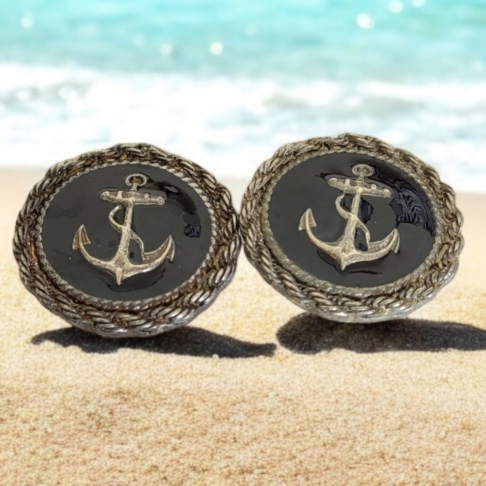 Captain's Anchor Black Enamel Clip Earrings